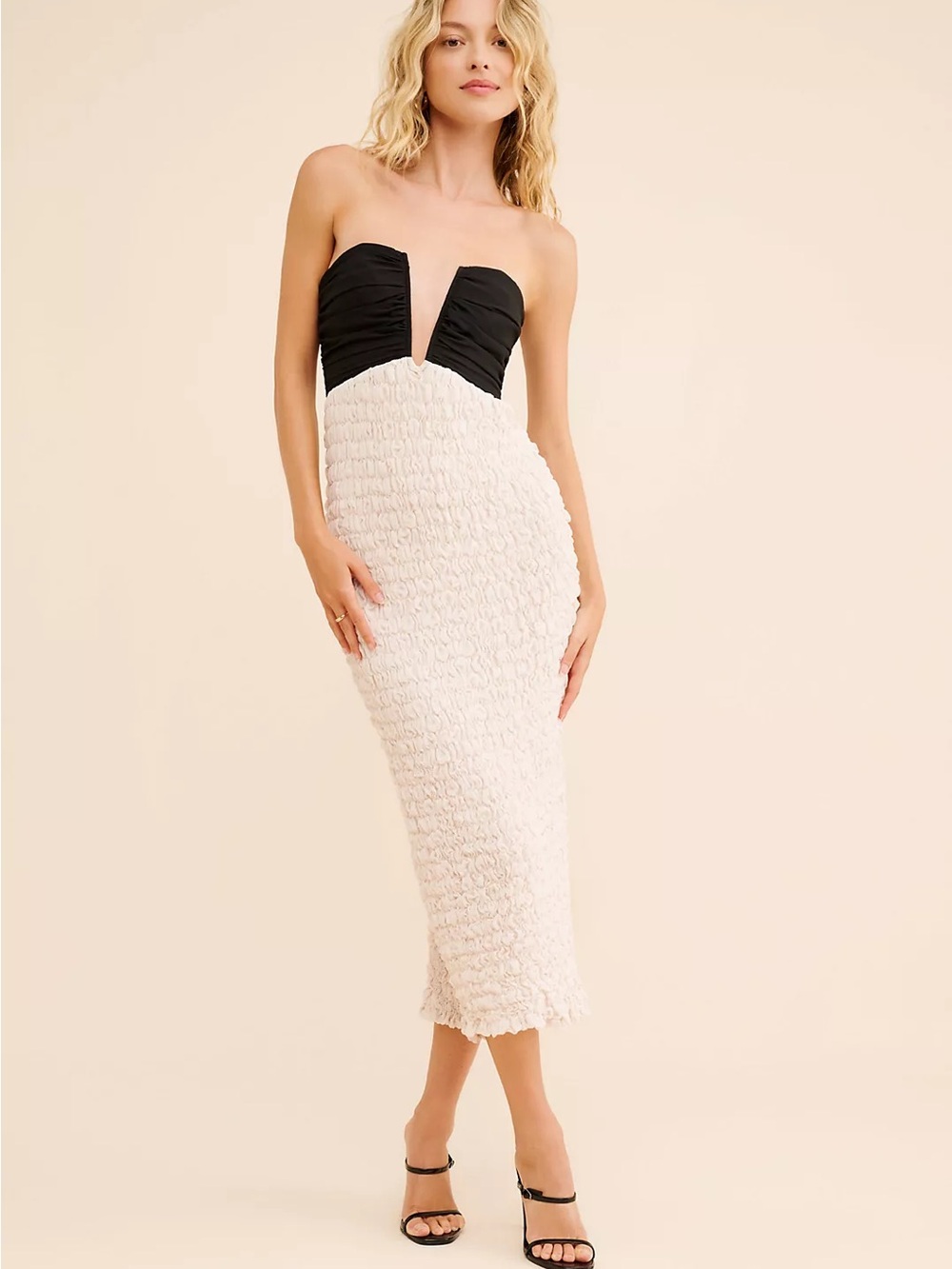 If By Sea Popcorn Chiffon Midi Dress - Strapless Black & White (M)